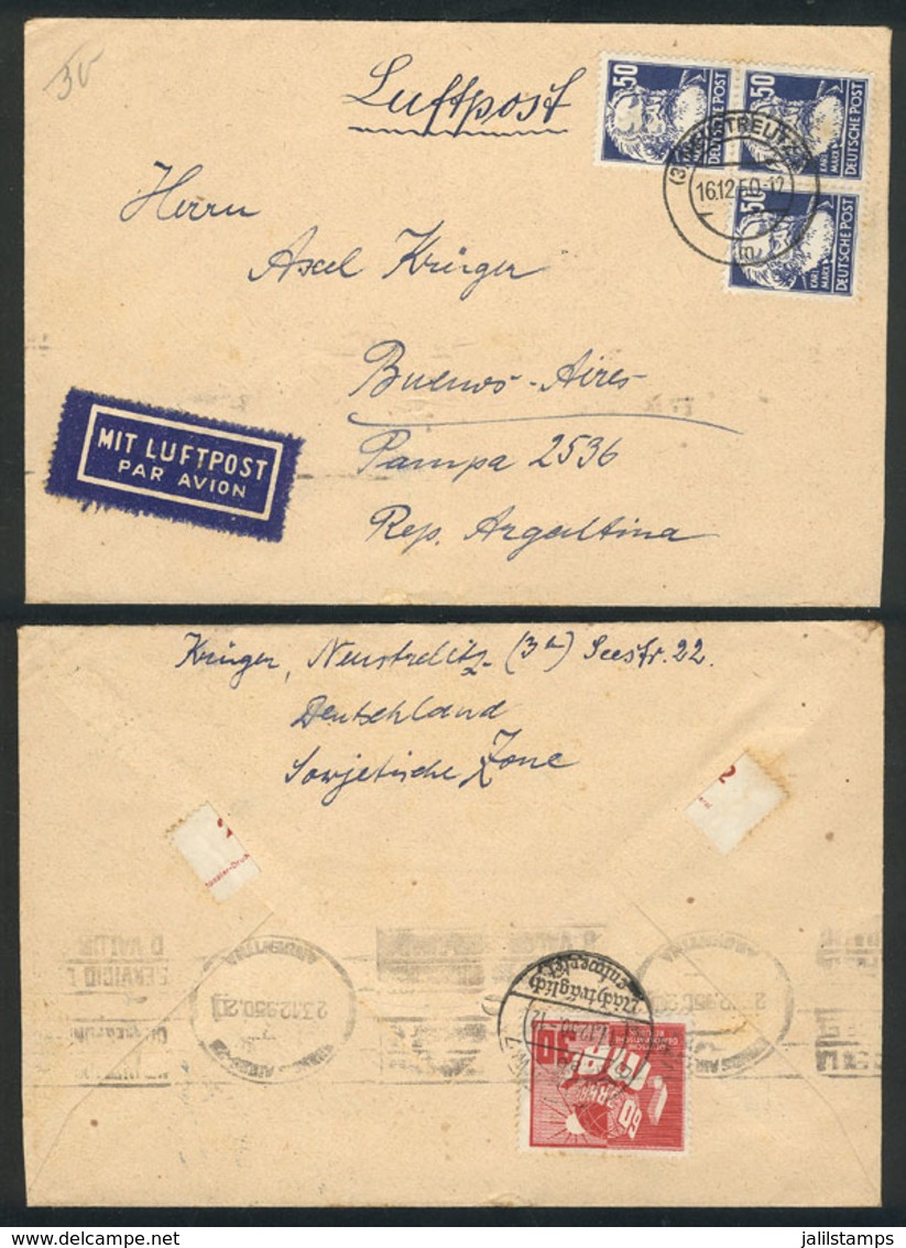 EAST GERMANY: Airmail Cover Sent From Neustreutz To Argentina On 16/DE/1950, Franked By Michel 224 X3 + 250 (back), VF Q - Brieven En Documenten