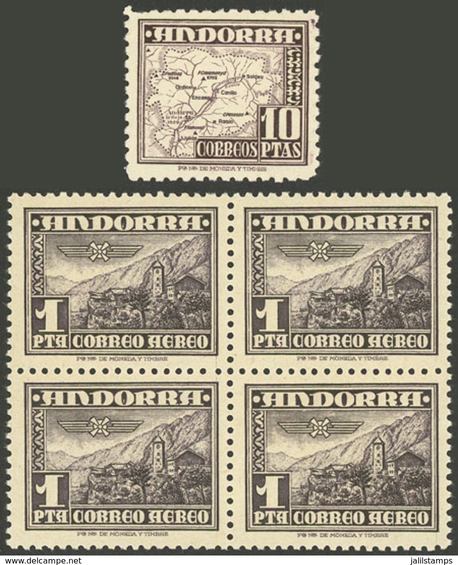 SPANISH ANDORRA: Yvert 1 In Block Of 4 + Definitive Stamp Yvert 51, All MNH And Of Excellent Quality, Catalog Value Euro - Otros & Sin Clasificación