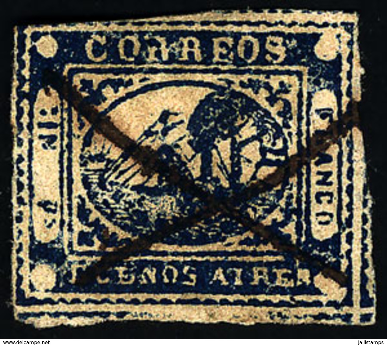 ARGENTINA: GJ.11A, IN Ps. Dark Blue, Type 29 On The Kneitschel Reconstruction, Pen Cancelled, With A Small Tear In The R - Buenos Aires (1858-1864)