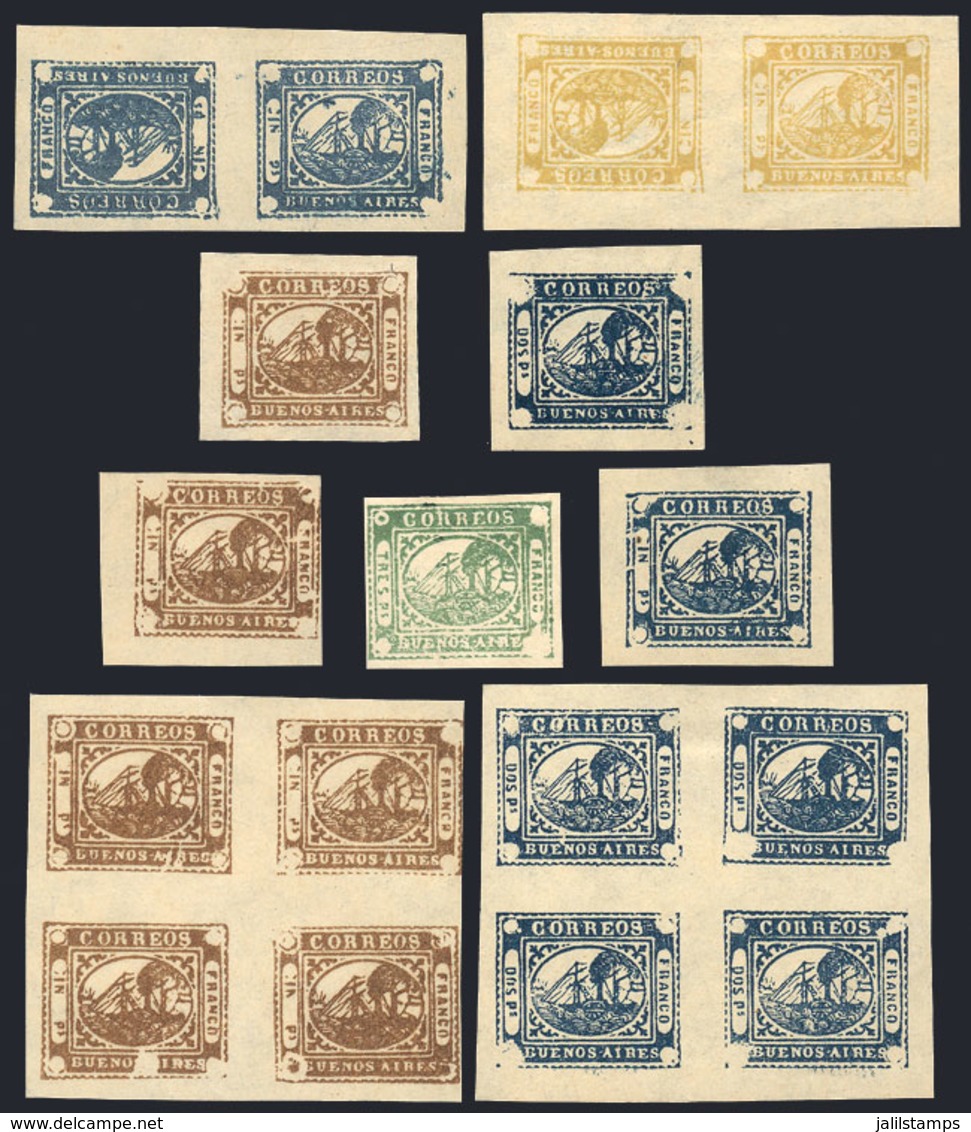 ARGENTINA: BARQUITOS: Lot Of Arata Reprints, Including 2 Blocks Of 4 And 2 TETE-BECHE Pairs, VF Quality, Interesting! - Buenos Aires (1858-1864)