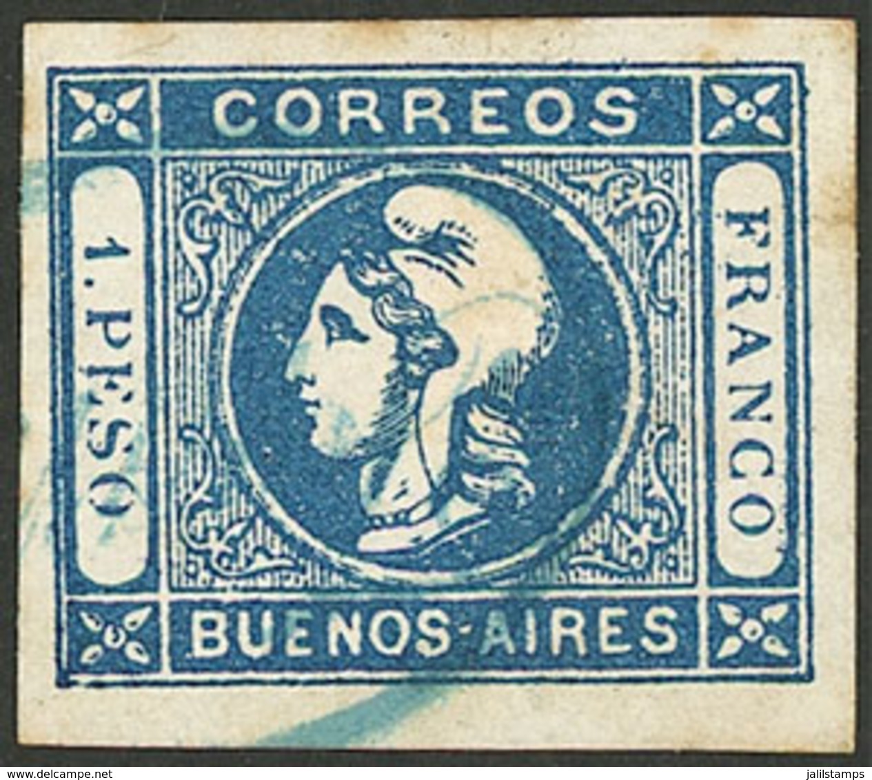 ARGENTINA: "GJ.14, 1P. Blue, Clear Impression, With Rare "FRANCO" Of Mensajería Del Comercio, Excellent!" - Buenos Aires (1858-1864)