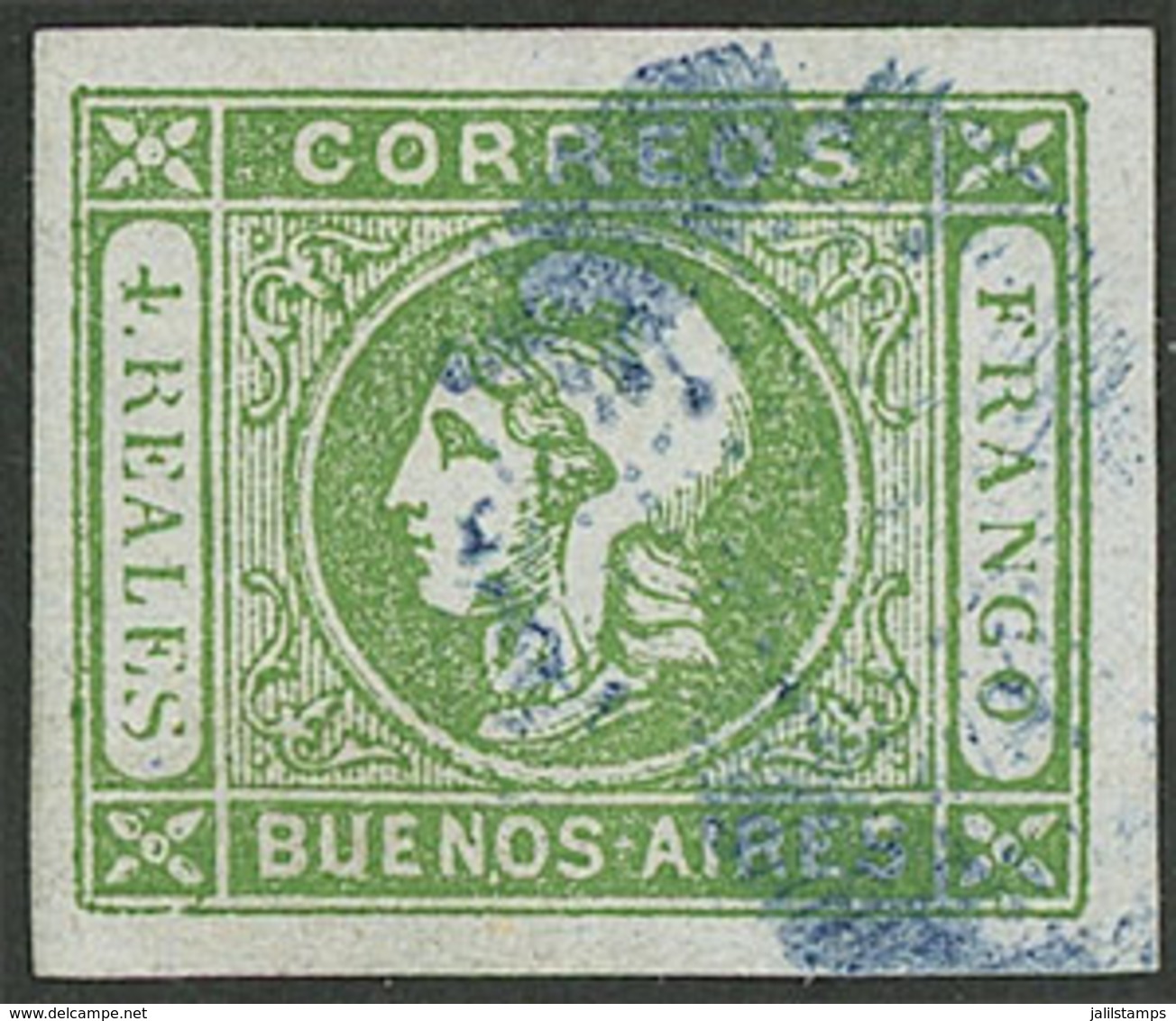 ARGENTINA: GJ.16, 4R. Green, Semi-clear Impression, With Handsome Blue Ponchito Cancel Of San Nicolás, VF Quality! - Buenos Aires (1858-1864)