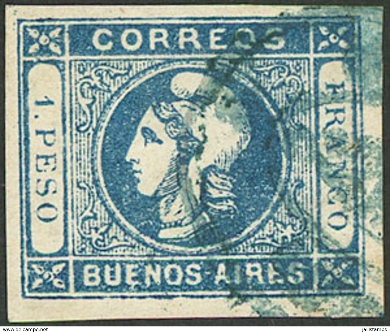 ARGENTINA: GJ.17, 1P. Dark Blue, Semi-clear Impression, Superb Example With Rare Rococo Cancel To Be Determined! - Buenos Aires (1858-1864)