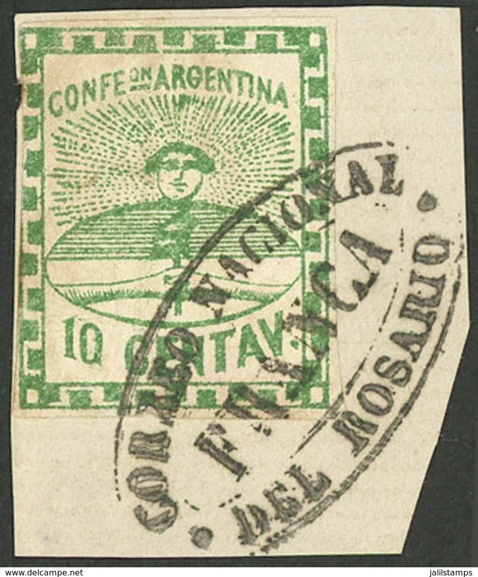 ARGENTINA: GJ.2, 10c. Green, Tied On Fragment By ROSARIO-FRANCA Ellipse, VF Quality, Signed By Alberto Solari On Back - Otros & Sin Clasificación