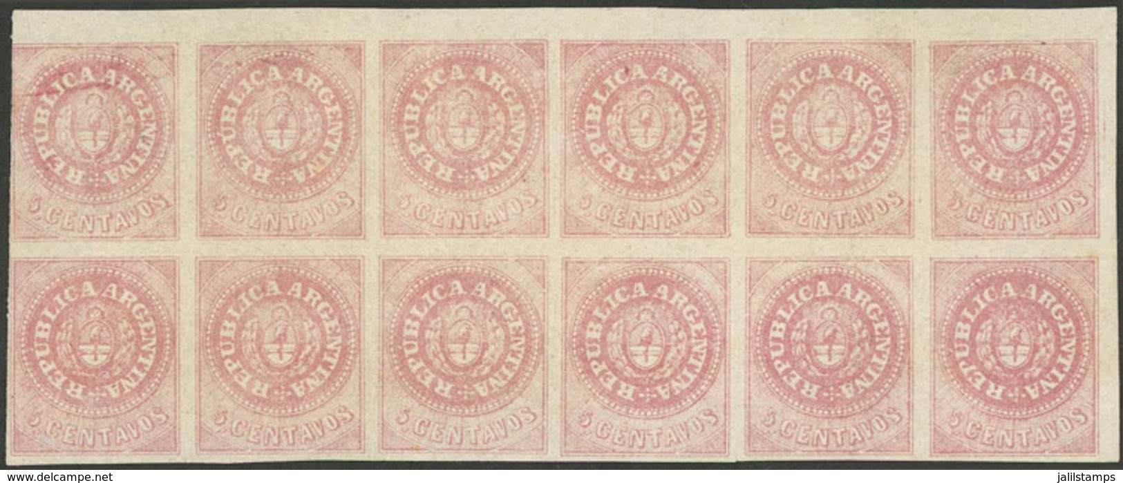 ARGENTINA: GJ.7, 5c. Rose With Accent Over The U, Beautiful Corner Block Of 12, Mint Original Gum (+50%). Some With Mino - Covers & Documents