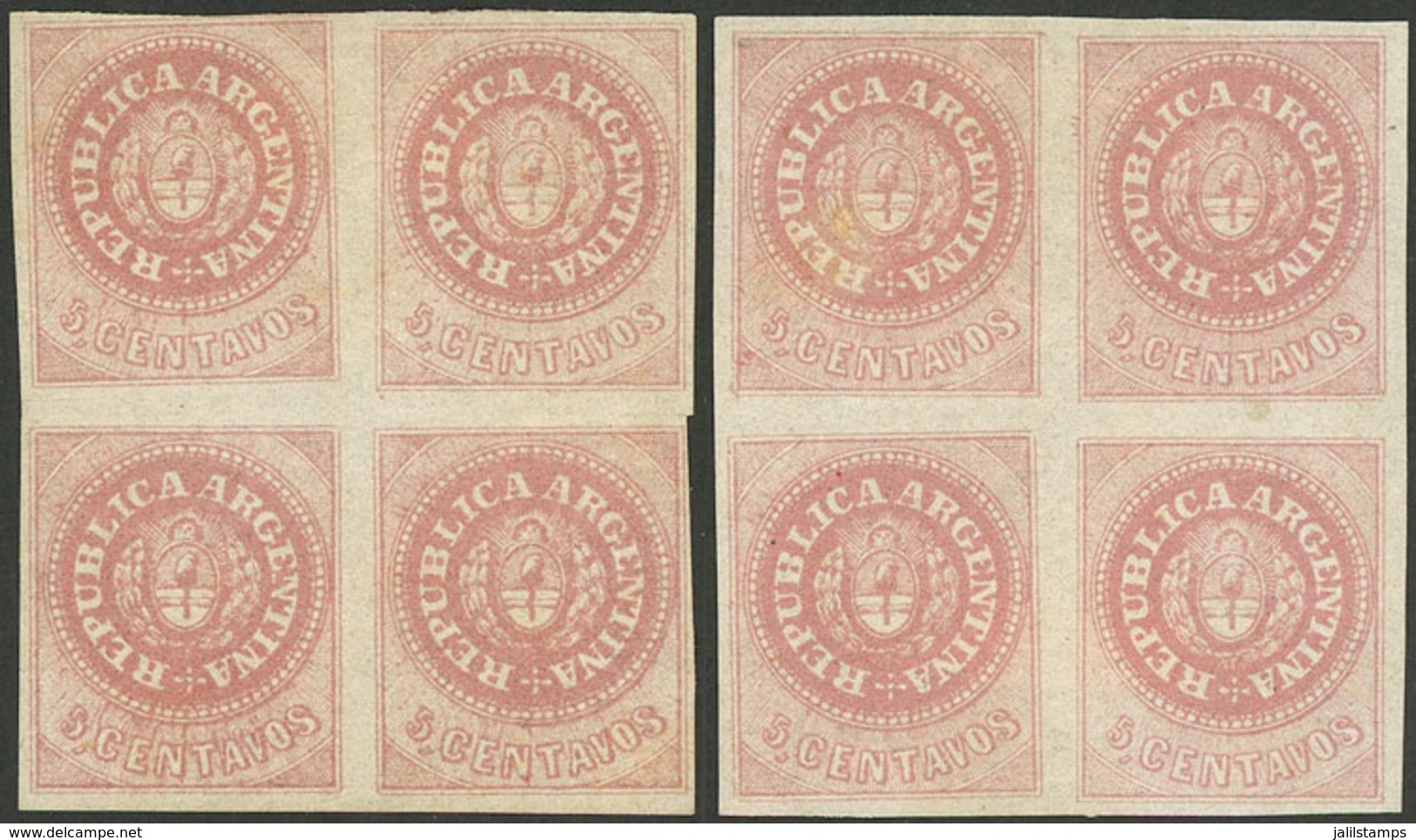 ARGENTINA: GJ.10, 5c. Without Accent Over The U, 2 Mint Blocks Of 4 With Original Gum (+50%), In Rose And Dull Rose, Ver - Brieven En Documenten