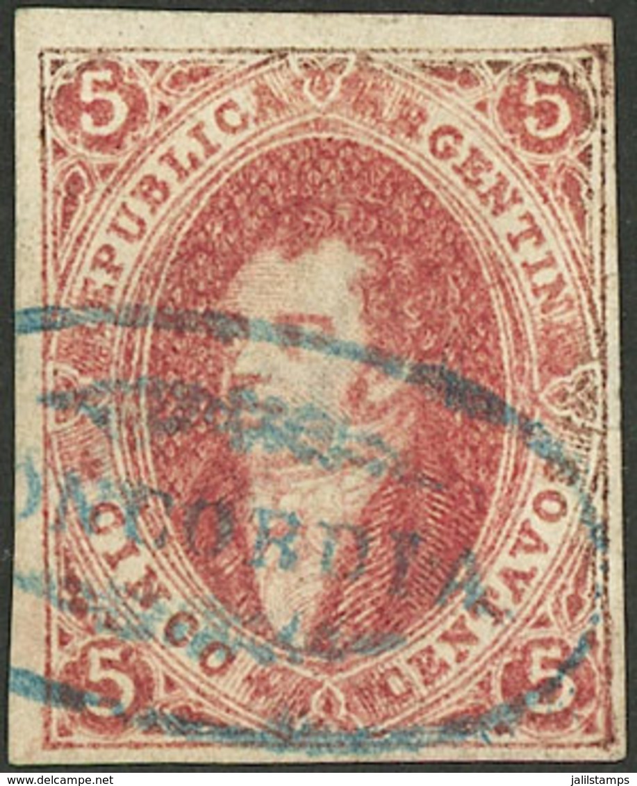 ARGENTINA: GJ.16, 5c. Rose-red, Dull Impression, 1st Printing Imperf, Handsome Stamp With Blue CONCORDIA Ellipse, Very F - Andere & Zonder Classificatie