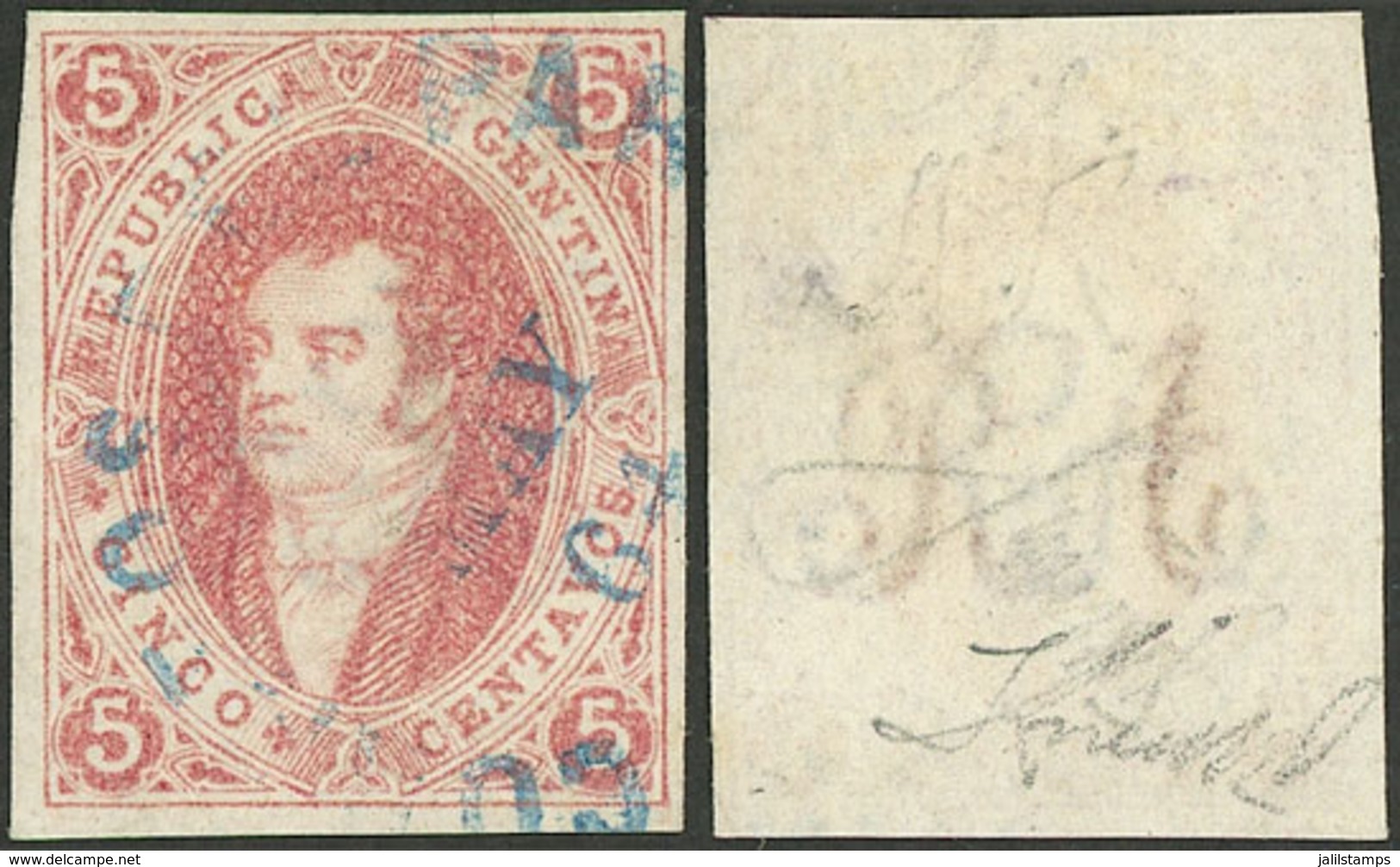 ARGENTINA: GJ.16b, 5c. 1st Printing Imperforate, With INVERTED WATERMARK Variety (reversed), Used In Buenos Aires In MAY - Andere & Zonder Classificatie