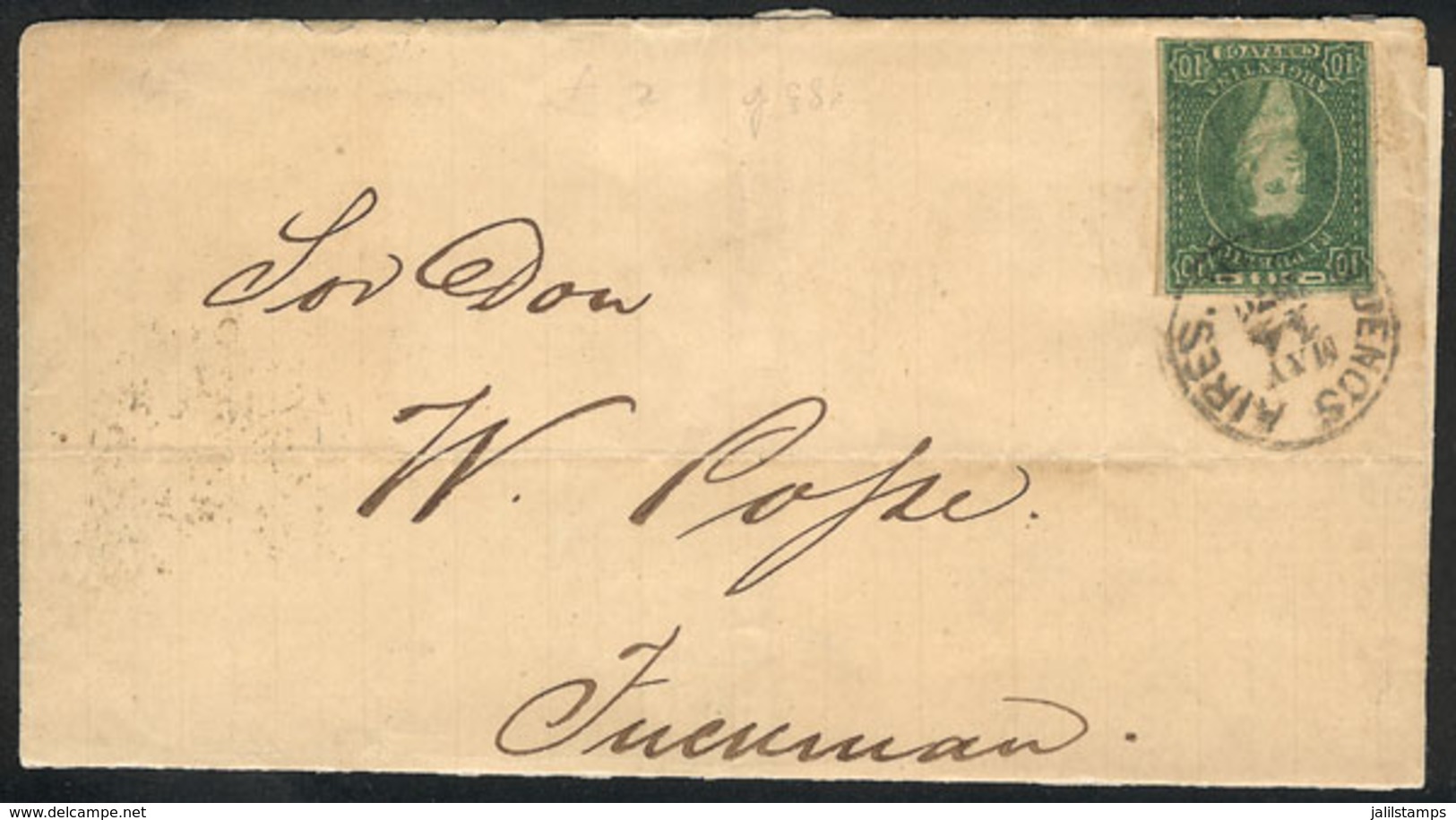 ARGENTINA: GJ.23, 10c. Green, Semi-clear Impression, On Folded Cover Sent From Buenos Aires To Tucumán On 14/MAY/1870, W - Andere & Zonder Classificatie