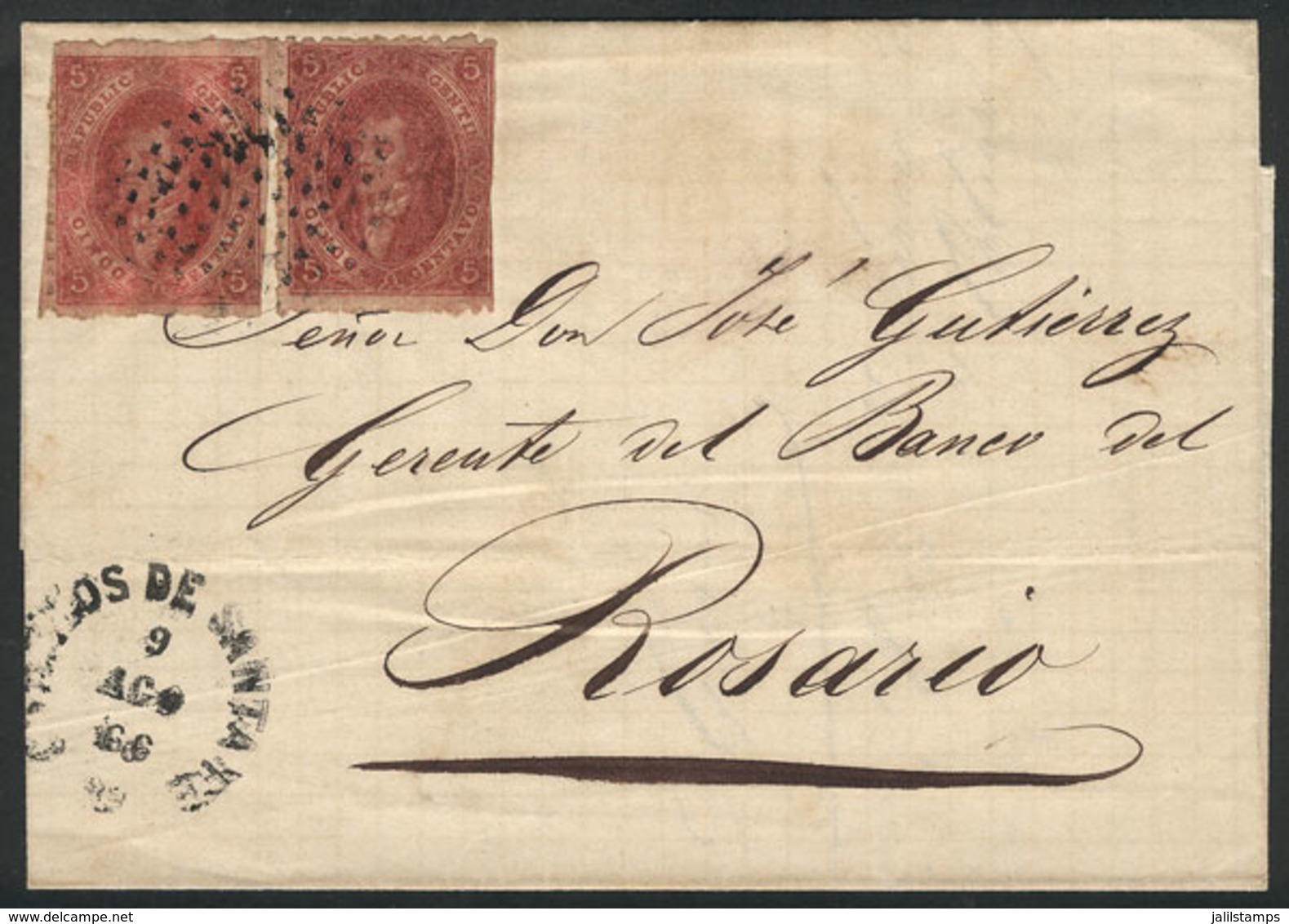 ARGENTINA: Folded Cover Sent To Rosario On 9/AU/1866, Franked With 2 Examples From 4th Printing (GJ.25) In A Rose Almost - Otros & Sin Clasificación