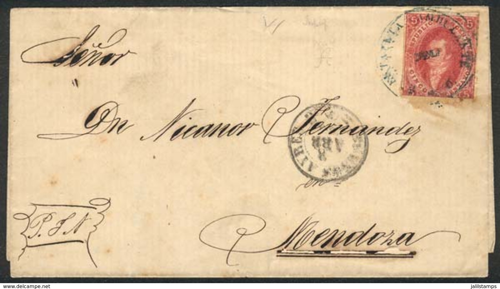 ARGENTINA: "GJ,25, 4th Printing, Rose, Worn Impression, Franking A Folded Cover To Mendoza, Cancelled With The Scarce "E - Otros & Sin Clasificación