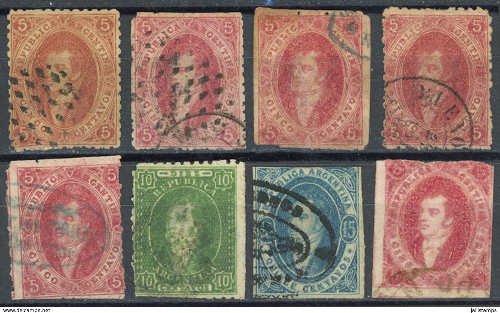 ARGENTINA: Stockcard With 8 Rivadavias, Including 5c. Of 3rd Printing, 4th Printing (4 Examples In Varied Colors) And 8t - Andere & Zonder Classificatie
