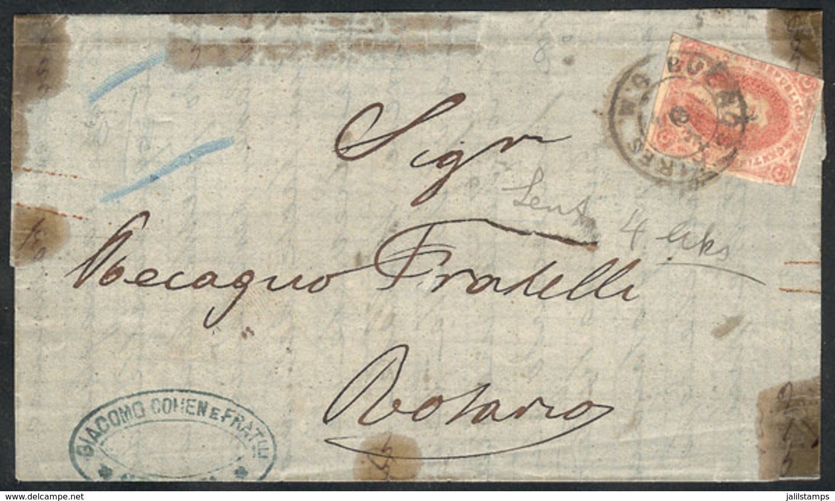 ARGENTINA: GJ.34, 8th Printing, Franking An Entire Letter Dated GENOVA (Italy) 31/MAY/1872, Sent Privately Via Ship To B - Otros & Sin Clasificación