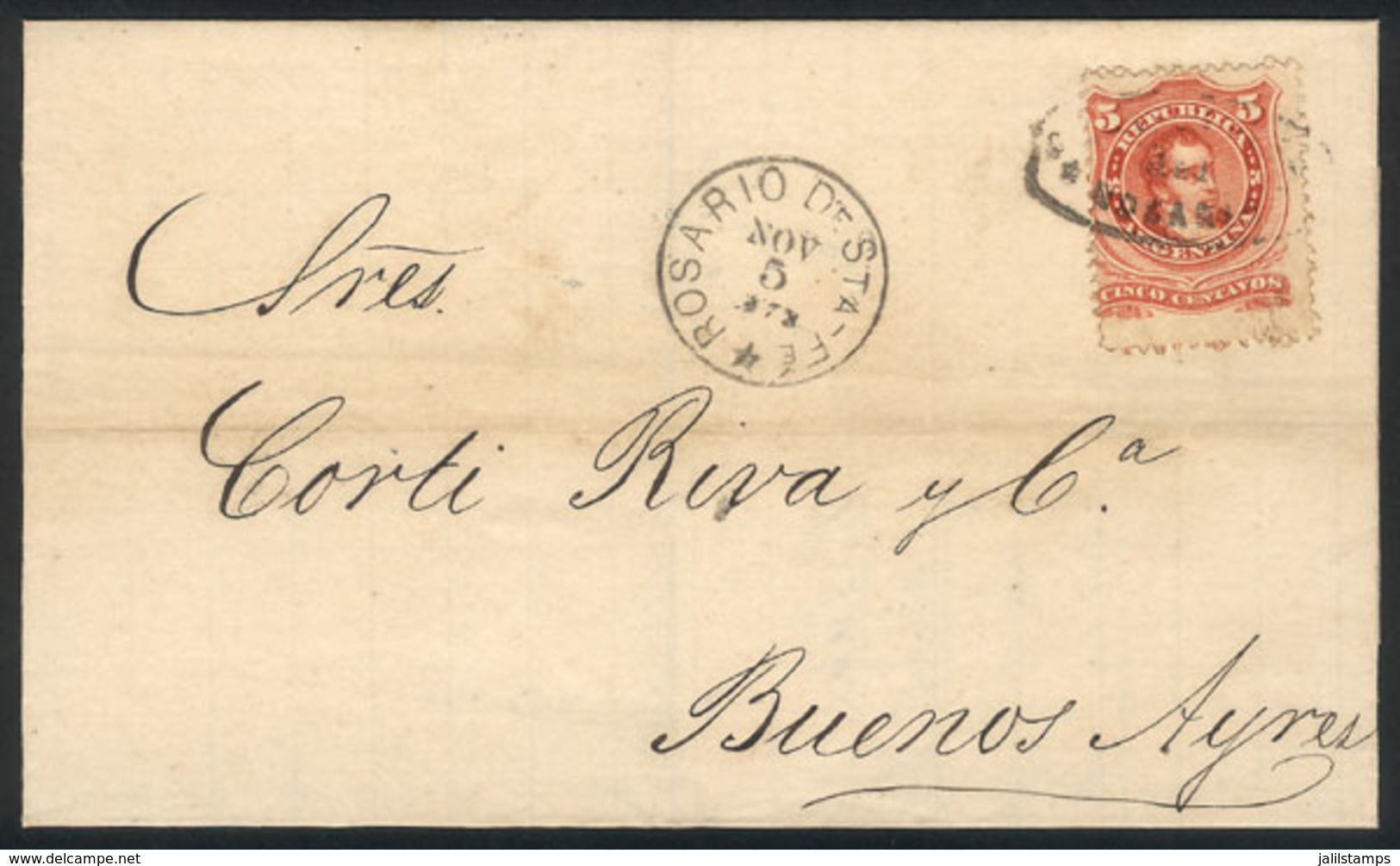 ARGENTINA: "GJ.38, Tied On Folded Cover By Double Ellipse "Admon De C. De Rosario" Cancel Along Datestamp Of  5/NOV/1872 - Usados