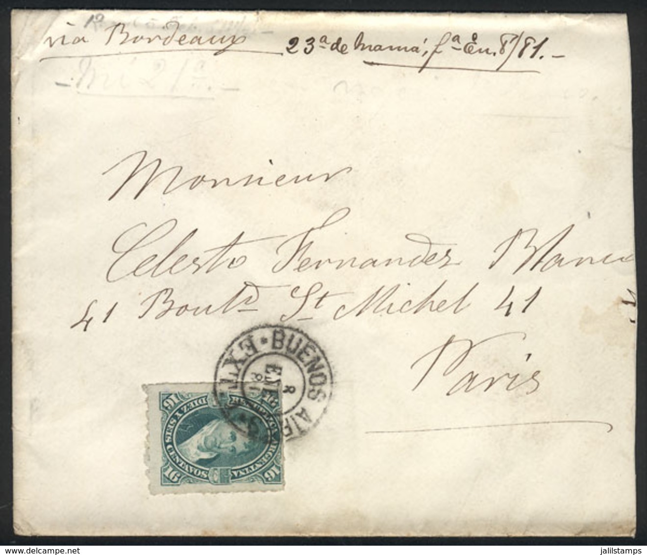 ARGENTINA: GJ.50, 1876 Belgrano 16c. Rouletted Franking A Cover Sent From Buenos Aires To Paris On 8/JA/1881, Very Nice! - Gebruikt