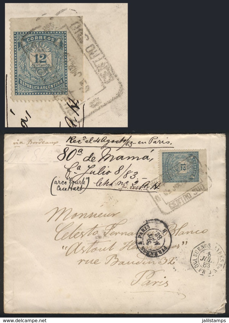 ARGENTINA: GJ.66, 1882 Little Envelope 12c. GREENISH Blue, Perf 14, With Sheet Corner And IMPERFORATE On 2 Sides, Franki - Usados