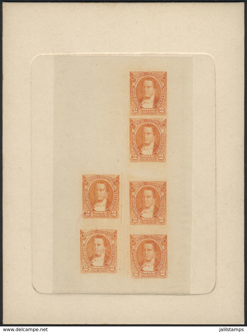 ARGENTINA: GJ.102, 1889 2c. Derqui, Multiple Die Proof In Orange, Printed On Thin Paper And Mounted On Card, Excellent Q - Used Stamps