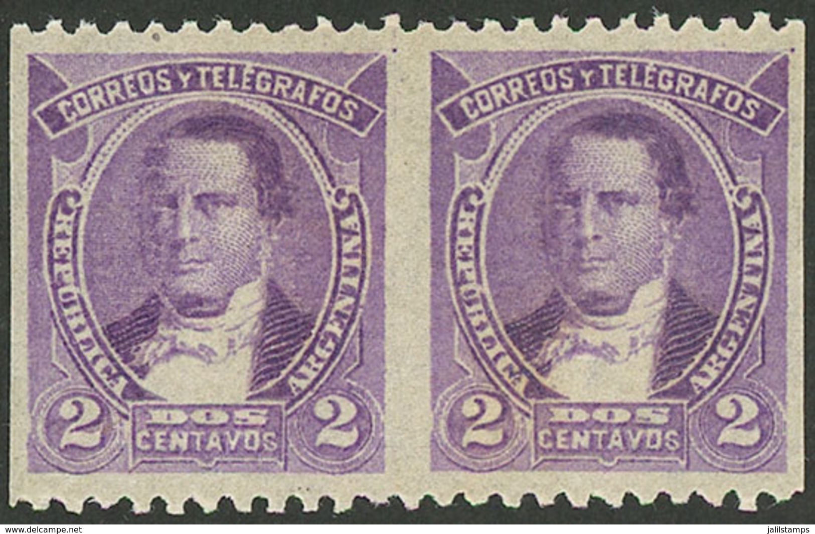 ARGENTINA: GJ.102APV, 1889 2c. Derqui, PAIR IMPERFORATE VERTICALLY, Excellent! - Gebruikt