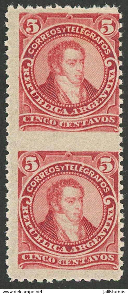 ARGENTINA: GJ.106PH, 1889 5c.  Rivadavia Small Head, Vertical PAIR IMPERFORATE BETWEEN, Superb! - Gebruikt