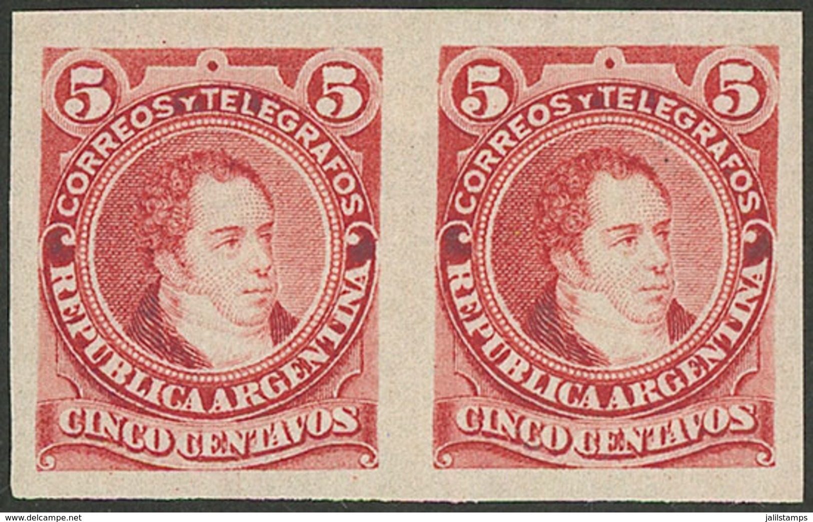 ARGENTINA: GJ.105P, 1889 5c. Rivadavia Large Head, IMPERFORATE PAIR, MNH (+50%), Excellent! - Usados