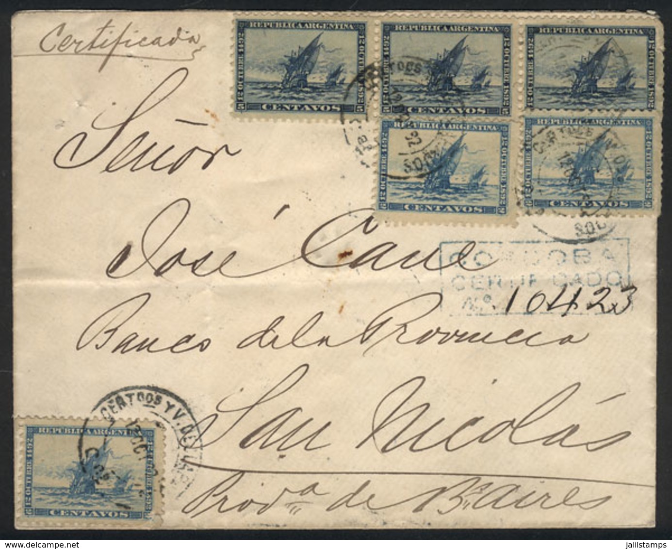 ARGENTINA: GJ.135/6, 1892 Discovery Of America 400 Years, 3 Cmpl. Sets Franking A Registered Cover Sent From CÓRDOBA To  - Usados