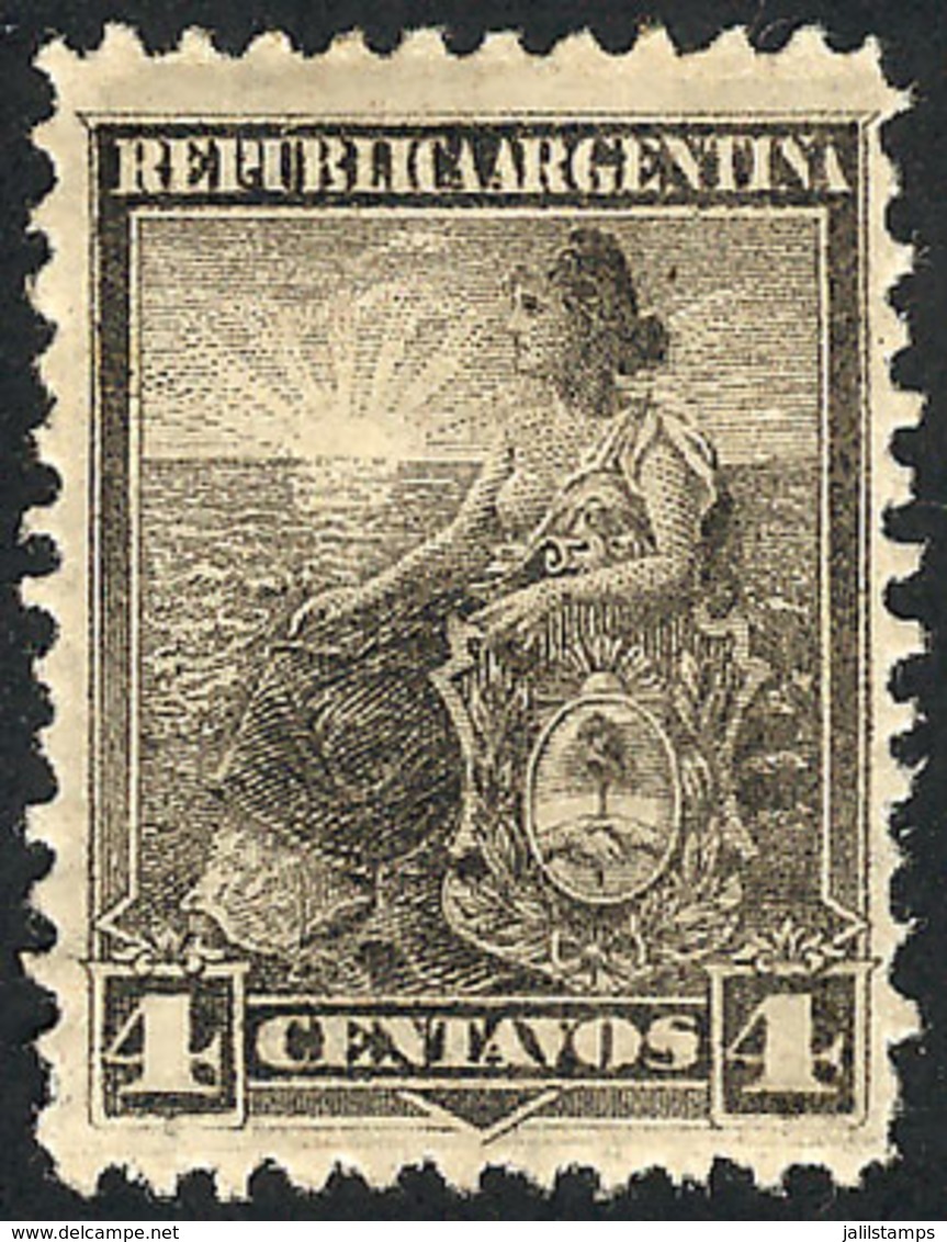 ARGENTINA: GJ.221, 1899 4c. Liberty, PROOF In Grayish Dun, Printed On Original Paper, With Gum And Watermarked, Very Rar - Used Stamps