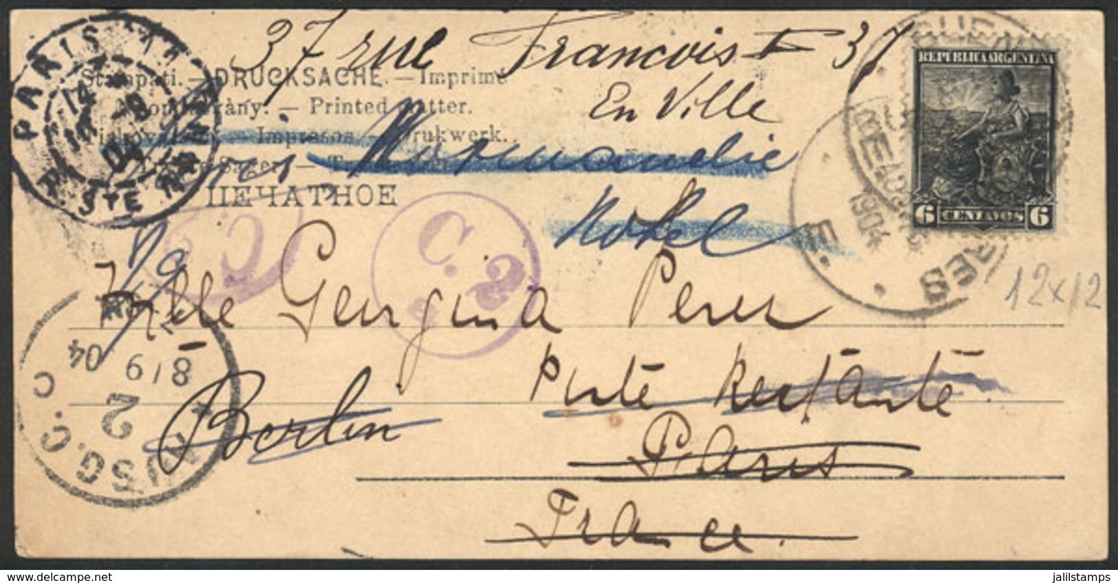 ARGENTINA: GJ.245, 6c. Liberty Perf 12, Franking A PC Sent From Buenos Aires To France On 14/AU/1904, VF Quality, Scarce - Used Stamps