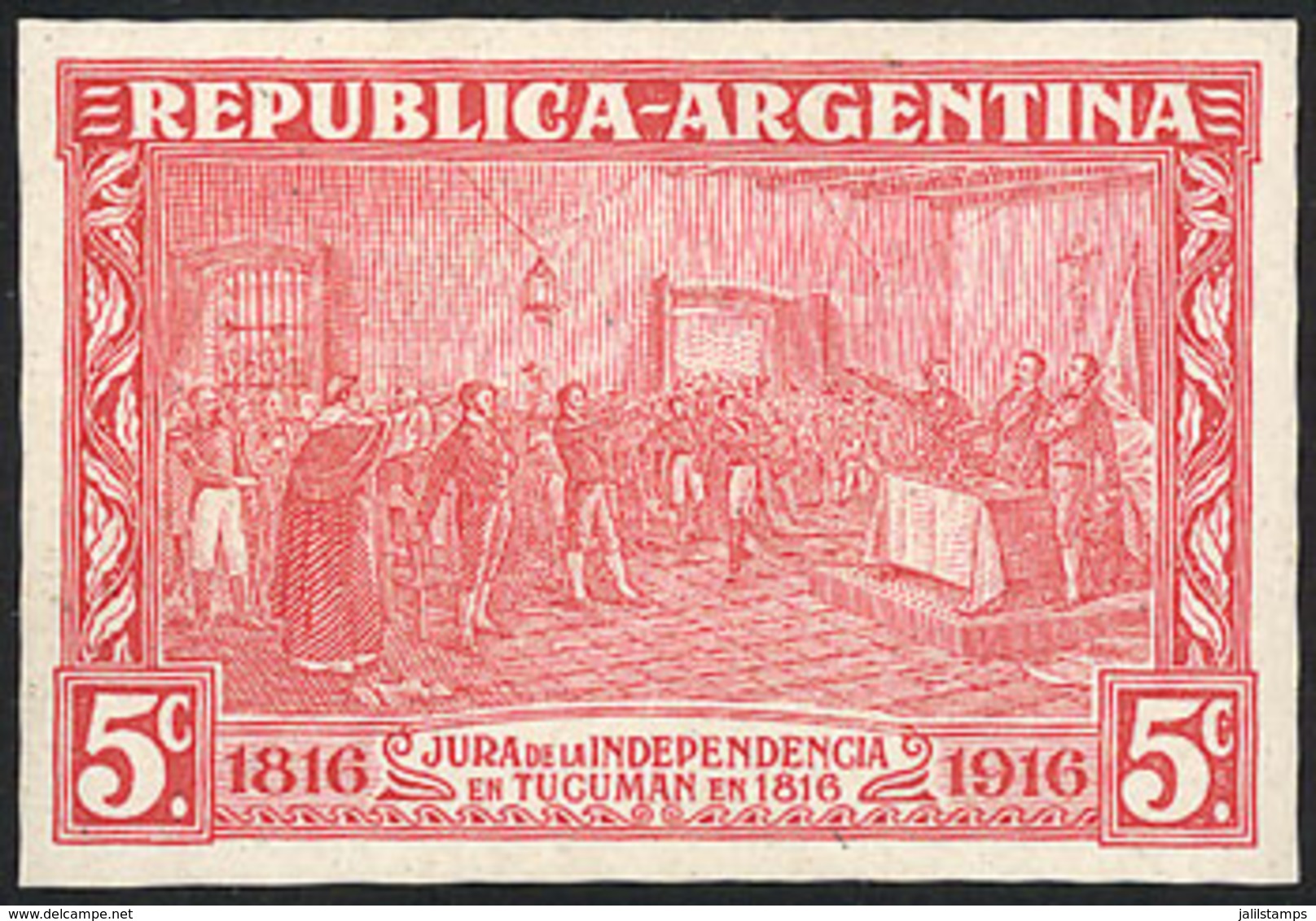 ARGENTINA: GJ.403, 1915 5c. Declaration Of Independence, ESSAY Of An Unadopted Design, Large Size (36.5 X 25 Mm), Red, E - Usados