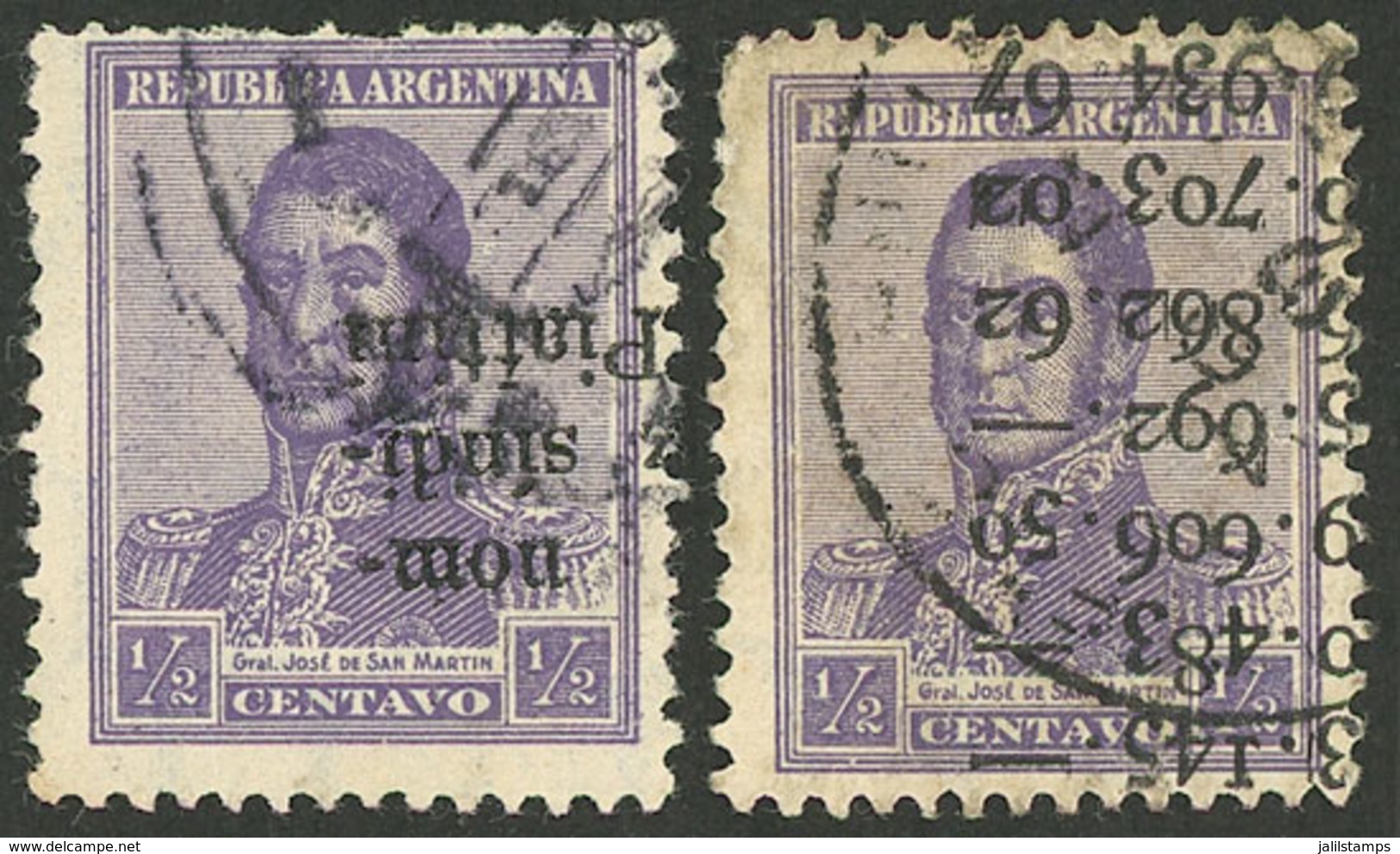 ARGENTINA: GJ.423, 2 Used Examples, Cancelled By Typographed Impression + Postal Cancel, The Letter Impression Originate - Gebruikt