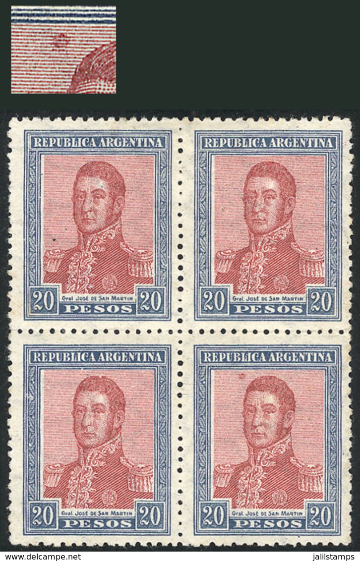 ARGENTINA: GJ.455, 1917 20P. San Martín, Block Of 4, One With RETOUCH In The Lined Background, Above The Head, VF, Catal - Usados