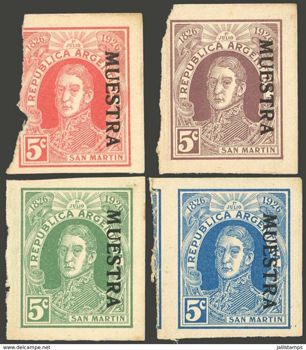 ARGENTINA: GJ.623, 1926 Post Centenary. 5c. San Martin, 4 TRIAL COLOR PROOFS Printed On Glazed Thin Card And With MUESTR - Gebruikt