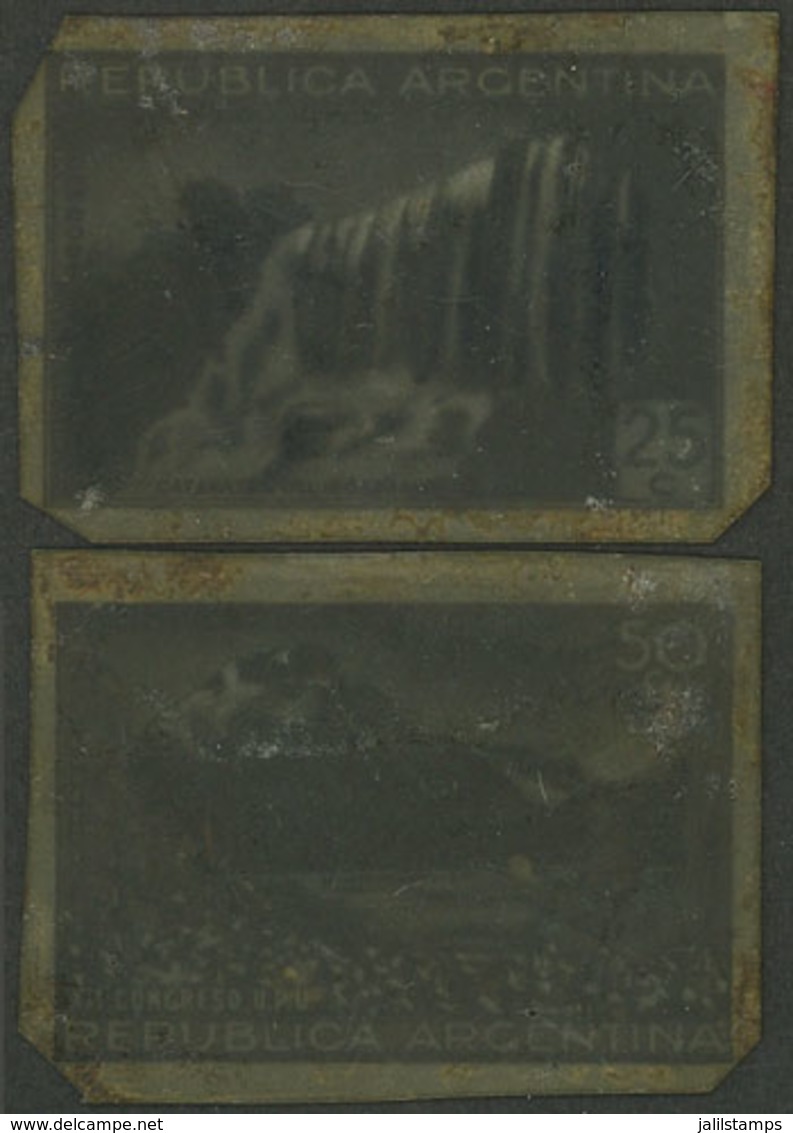 ARGENTINA: GJ.826 + 827, 1939 UPU Congress, 25c. (Iguazú Falls) And 50c. (Cerro Bonete), Proofs In Black Printed On Tran - Usados