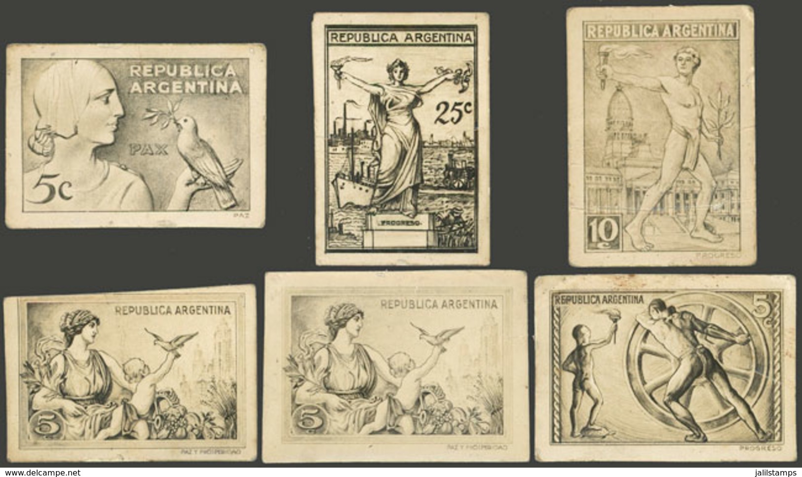 ARGENTINA: "Circa 1939, 6 Photographic Proofs Of Designs For An Unissued Issue "PEACE AND PROGRESS", Some With Minor Fau - Usados