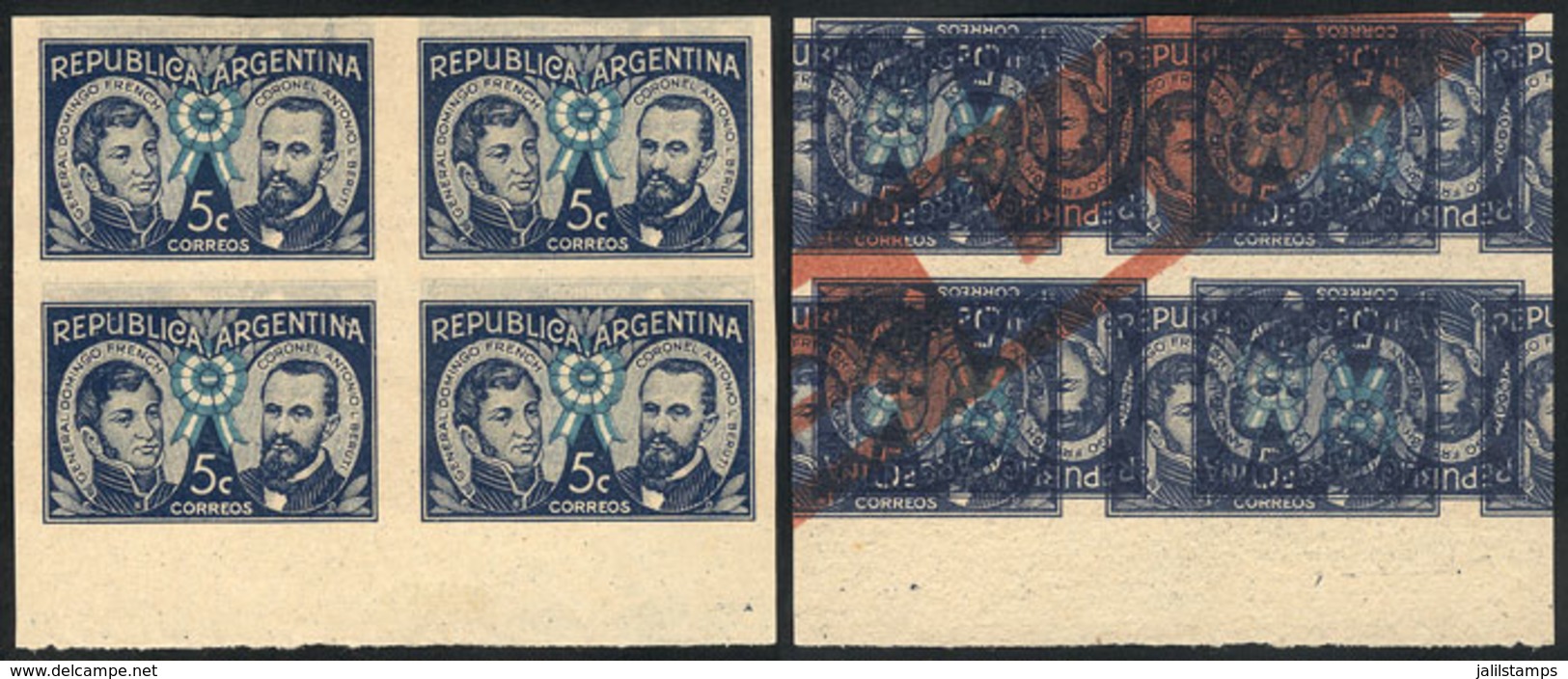 ARGENTINA: GJ.850, 1941 Cockade (French And Berutti), PROOF In The Adopted Color, Imperforate Block Of 4 Printed On Spec - Usados