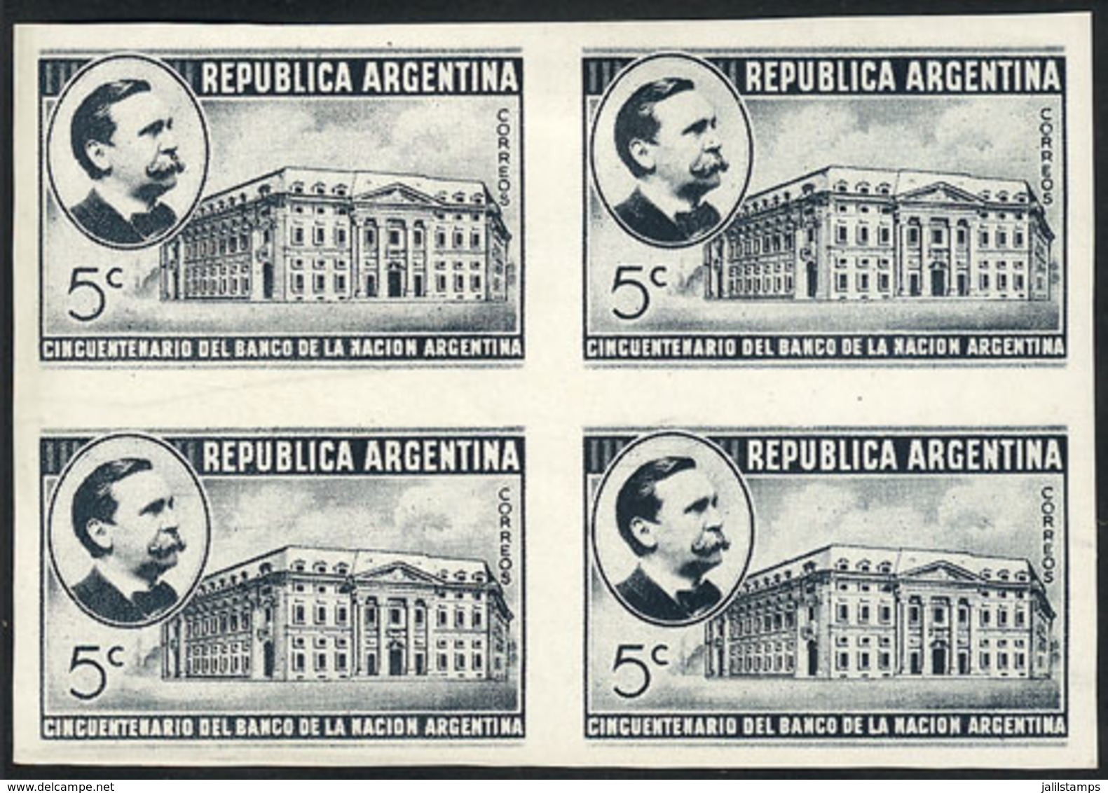 ARGENTINA: GJ.853, 1941 Banco De La Nación Argentina, PROOF In Slate Gray, Imperforate Block Of 4 Printed On Paper Of Gl - Gebruikt