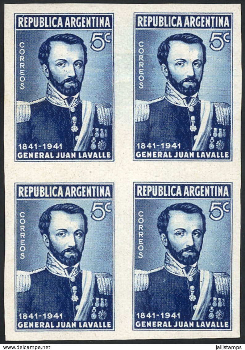 ARGENTINA: GJ.854, 1941 General Juan Lavalle, PROOF In Intense Blue, Imperforate Block Of 4 On Paper Of Glazed Front, VF - Gebruikt