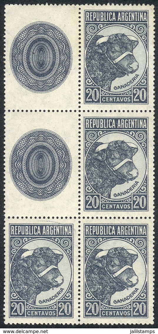 ARGENTINA: GJ.884CZ + 884A, 1942/52 20c. Bull, Block Of 4 Stamps And 2 Labels, Very Nice, Catalog Value US$150+ - Gebruikt