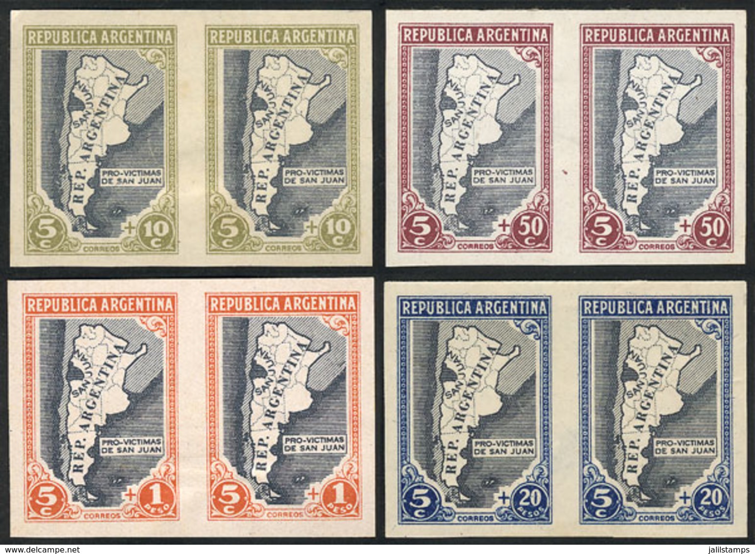 ARGENTINA: GJ.912/5, 1944 Victims Of The San Juan Earthquake, PROOFS In The Adopted Colors, 2 Pairs On Paper With Glazed - Oblitérés