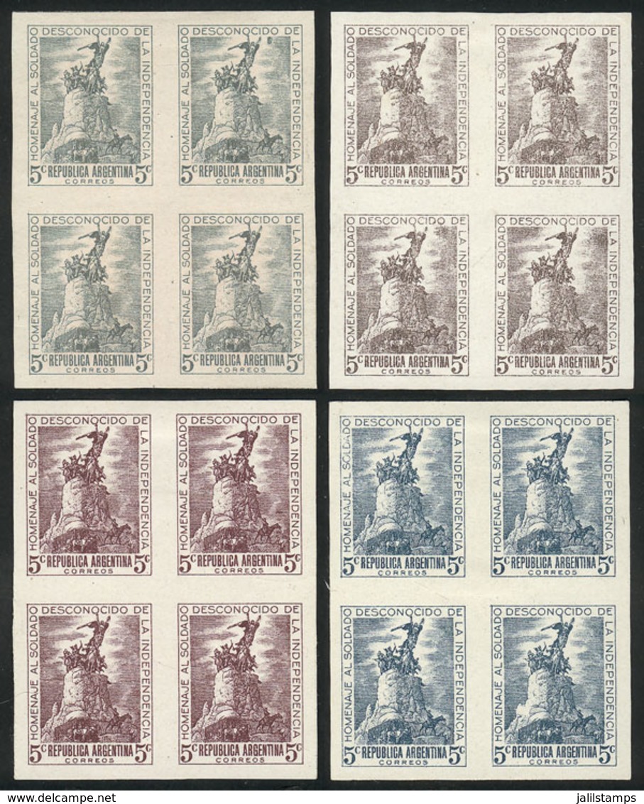 ARGENTINA: GJ.926, 1946 Unknown Soldier, 4 TRIAL COLOR PROOFS In Blocks Of 4 Printed On Paper Glazed On Both Sides (3) O - Usados