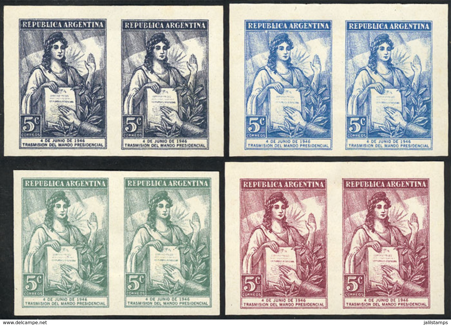 ARGENTINA: GJ.928, 1946 Transmission Of Presidential Power, PROOFS On Paper With Glazed Front, The 4 Known Colors, Pairs - Usados