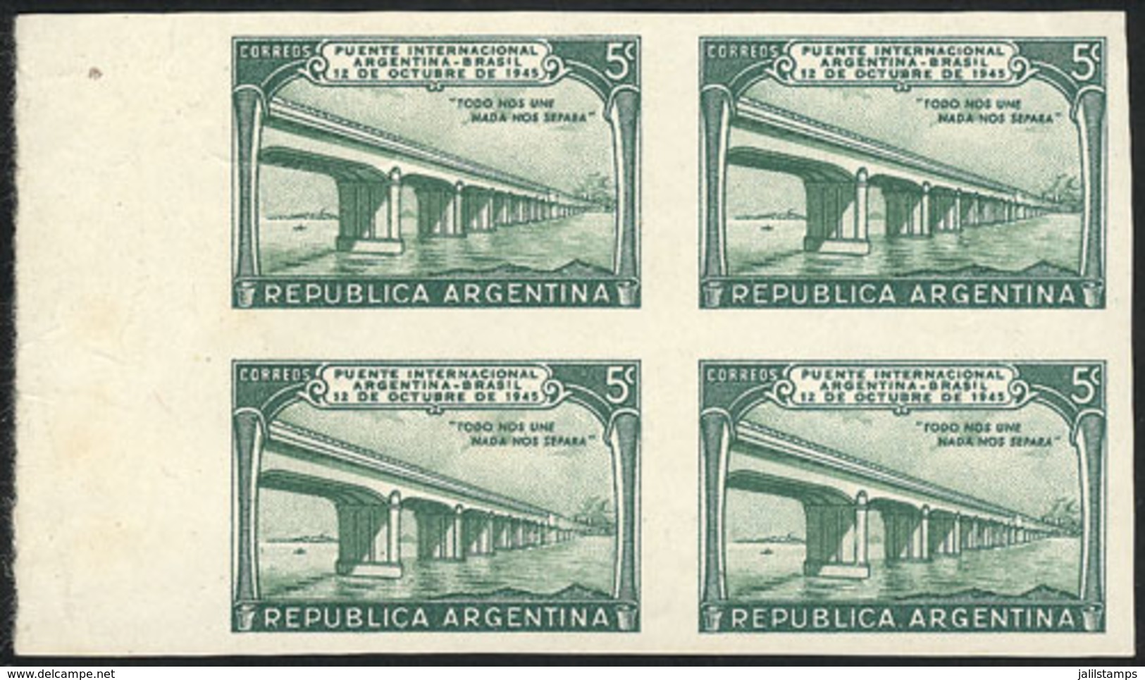 ARGENTINA: GJ.942, 1947 Bridge Argentina-Brazil, PROOF In The Adopted Color, Imperforate Block Of 4 On Unsurfaced Paper, - Usados