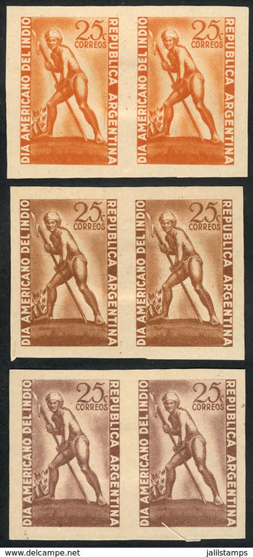 ARGENTINA: GJ.956, 1948 Indian Day, PROOFS In The 3 Known Colors, Imperforate Pairs Printed On Opaque Paper, VF Quality, - Usados