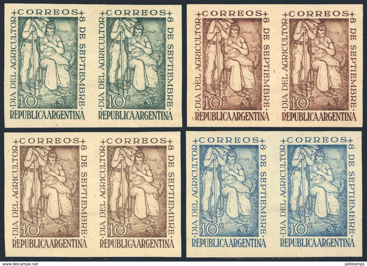 ARGENTINA: GJ.960, 1948 Farmers Day, PROOFS Printed On Opaque Paper, Pairs In The 4 Known Colors, VF Quality, Rare Group - Gebruikt