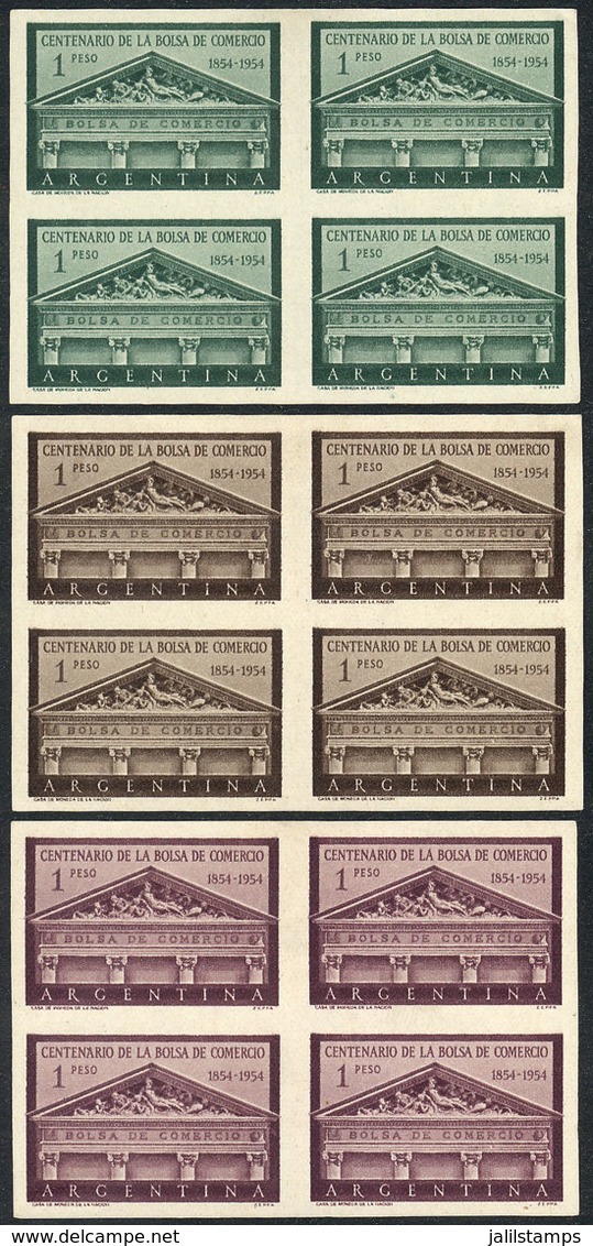 ARGENTINA: GJ.1029, 1954 Stock Exchange 100 Years, PROOFS On Ordinary Paper, BLOCKS OF 4 In The 3 Known Colors, VF Quali - Gebruikt