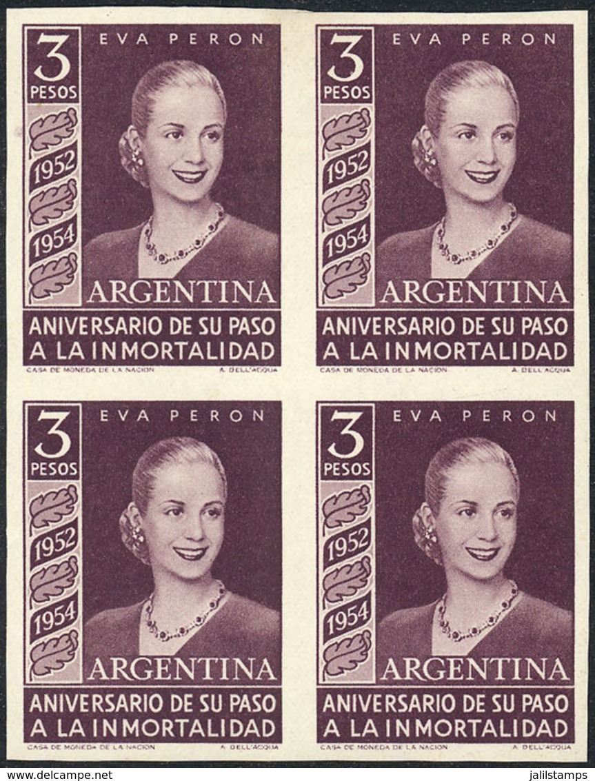 ARGENTINA: GJ.1030, 1954 Eva Perón, PROOF On White Paper, Block Of 4 In Dark Purple-violet, VF, Rare! - Usados