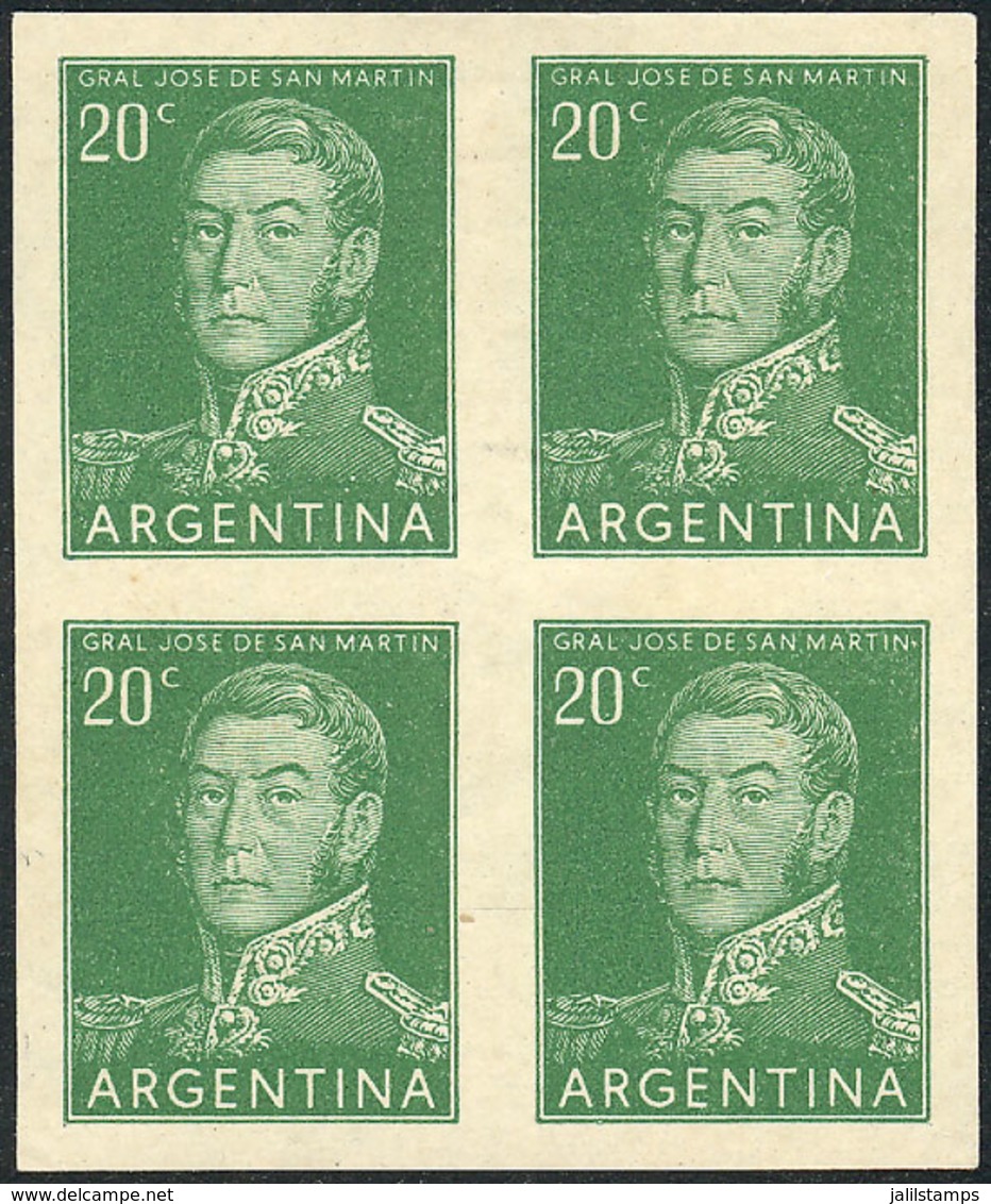 ARGENTINA: GJ.1034, 1954/7 20c. San Martín, PROOF In Green, Imperforate Block Of 4 Printed On Ordenary Paper, VF Quality - Used Stamps