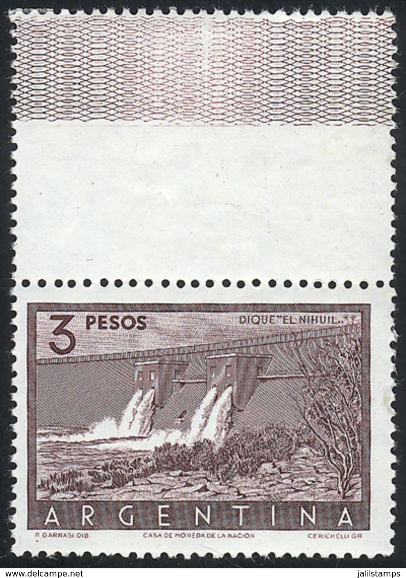 ARGENTINA: GJ.1050CA, 1954/7 3P. El Nihuil Dam, WITH LABEL AT TOP, Very Scarce! - Gebruikt