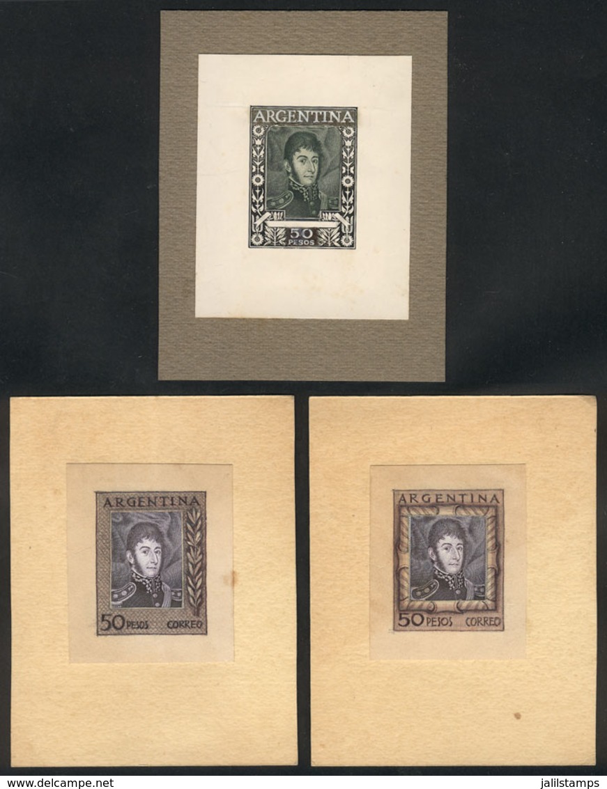 ARGENTINA: GJ.1057, 1951/7 50P. San Martín, 3 Die Essays Of Unadopted Designs, Each One Consisting Of 2 Overlapping Part - Oblitérés