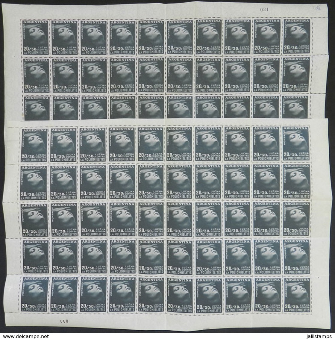 ARGENTINA: GJ.1063a, 1956 Fight Against Polio, COMPLETE SHEET Of 50 Stamps On PELURE PAPER, Along Another Sheet On Norma - Usados