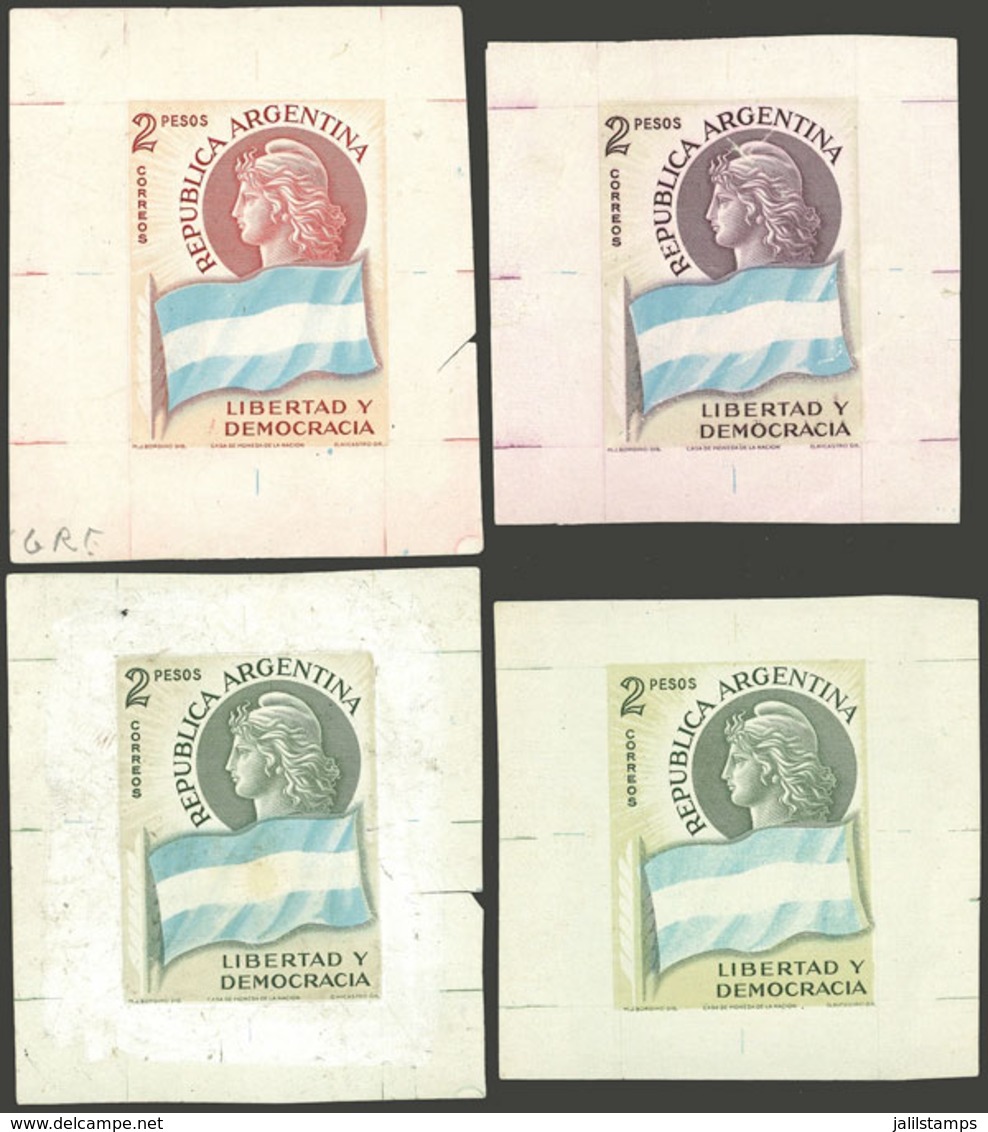 ARGENTINA: GJ.1106, 1958 2P. Transmission Of Presidential Power (flags), 4 Different DIE PROOFS Printed On Paper Of Glaz - Gebruikt